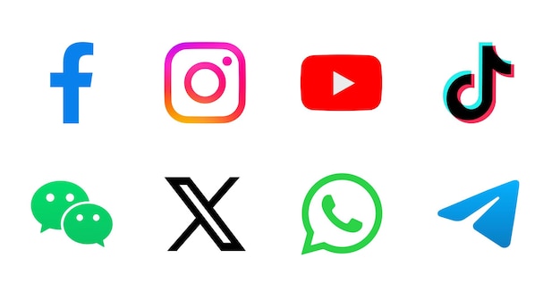 Instagram TikTok Facebook Whatsapp X Twitter YouTube y Telegram Iconos blancos y azules