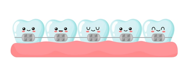 Instalación de aparatos ortopédicos en los dientes. lindos dientes kawaii. ilustración en estilo de dibujos animados.
