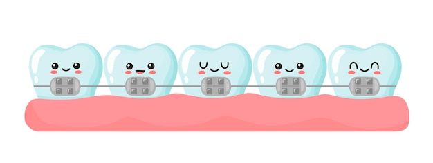 Instalación de aparatos ortopédicos en los dientes. lindos dientes kawaii. ilustración en estilo de dibujos animados.