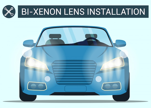 Vector instalación de lentes bi-xenón. coche azul con linterna. coche moderno