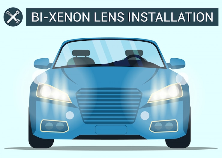 Vector instalación de lentes bi-xenón. coche azul con linterna. coche moderno