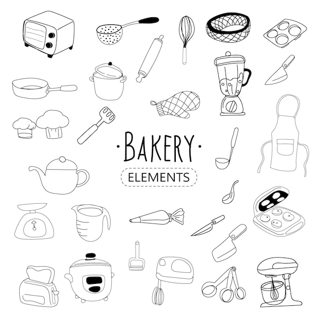 Vector instalaciones de cocina y herramientas de panadería dibujado a mano ilustración vectorial