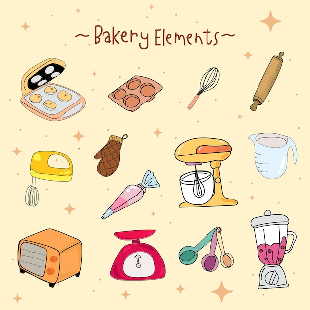 Instalaciones de cocina y herramientas de panadería dibujado a mano ilustración vectorial