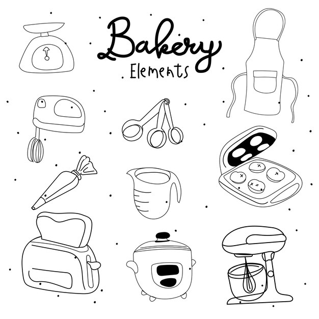 Instalaciones de cocina y herramientas de panadería dibujado a mano ilustración vectorial