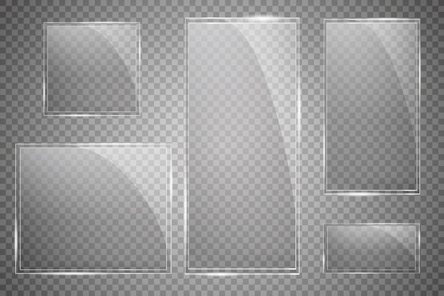 Se instalan placas de vidrio Banners de vidrio vectorial sobre un fondo transparente Vidrio Pinturas de vidrio Marcos de color Vector