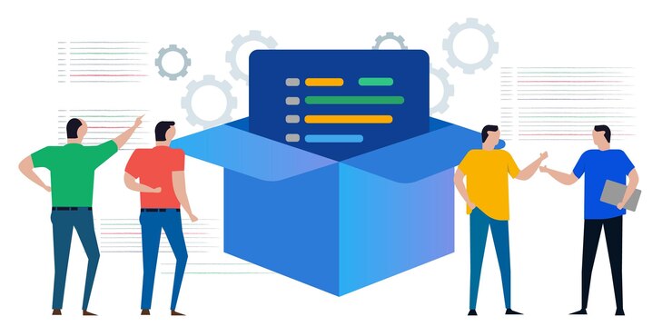 Vector instalar el paquete de caja del proceso de desarrollo de software por el desarrollador que entrega el código fuente final
