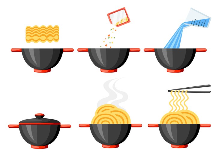 Vector instrucción de cocina. fideos instantáneos. ilustración plana. cuenco y palillos negros. ilustración aislada sobre fondo blanco.