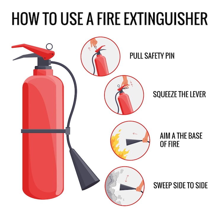 Vector instrucción de extintor de incendios consejos de prevención y extinción de incendios cartel o pancarta de información de seguridad para el sitio web ilustraciones vectoriales planas de dibujos animados aisladas sobre fondo azul