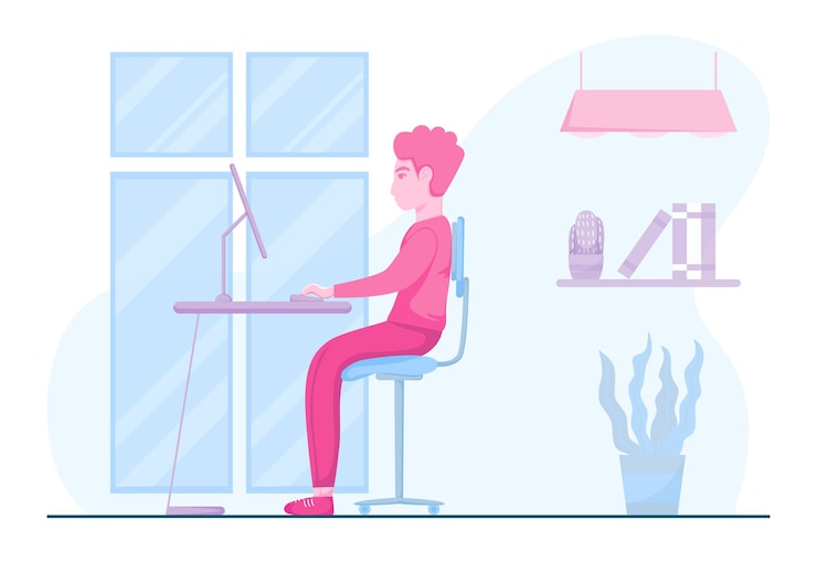 Vector instrucción de una posición sentada correcta durante el trabajo de oficina ilustración plana