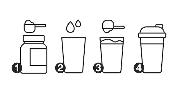 Vector instrucción sobre cómo hacer que la proteína de suero de leche agite el icono de bebida de proteína deportiva vector