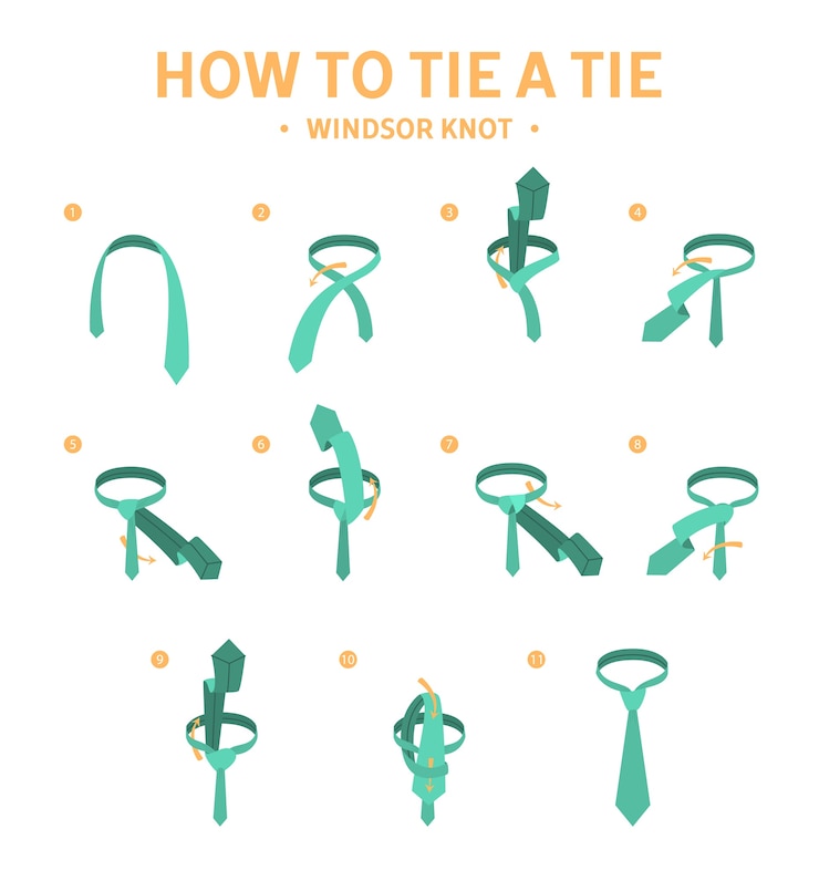 Vector instrucciones para atar un nudo windsor. guía para la confección de corbatas. elegante elemento de traje formal en el cuello. moda masculina. ilustración de vector plano aislado