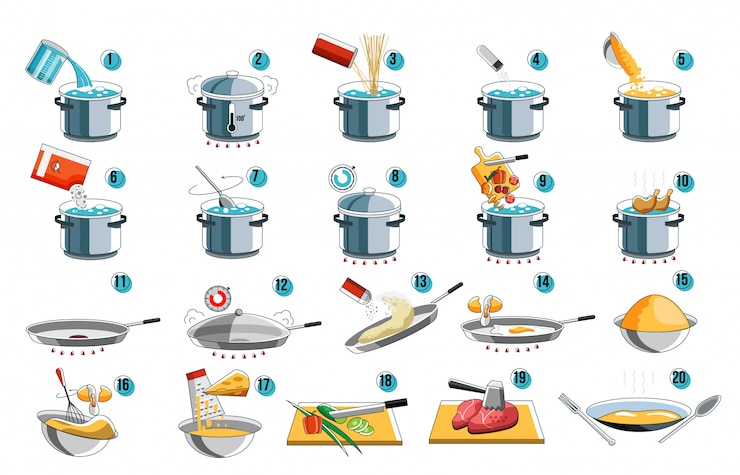 Vector instrucciones de cocina cocine la guía de iconos para el diseño del menú de alimentos con el símbolo kithcen. instrucciones de preparación para hervir y freír mezclar alimentos desde fideos y pasta hasta carne y verduras. cocinar preparar paso conjunto.