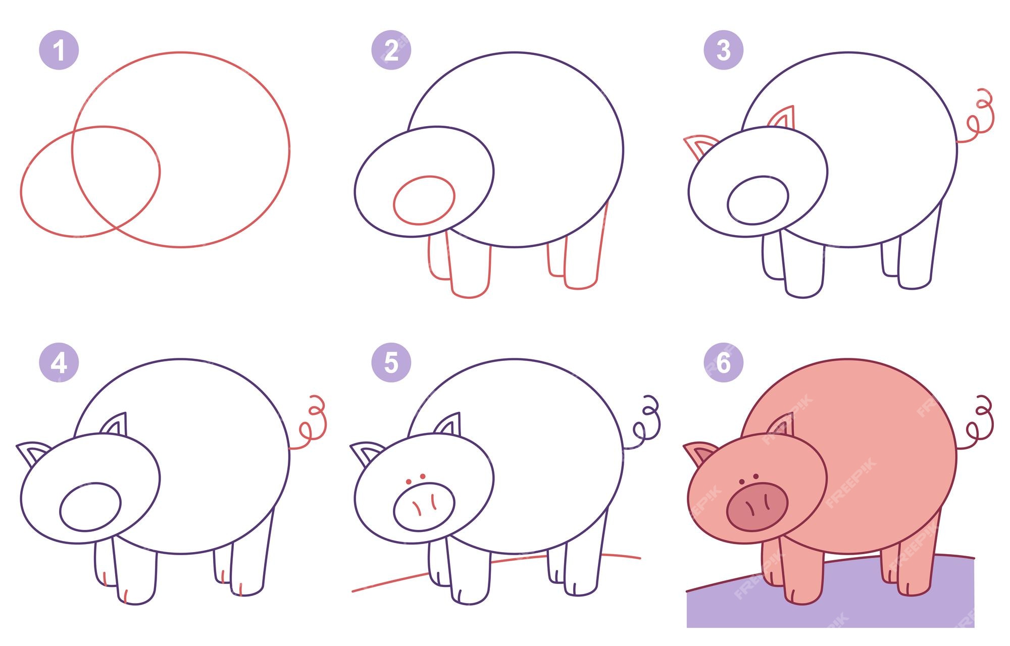 Instrucciones para dibujar cerdo paso a paso | Vector Premium Instrucciones para dibujar cerdo paso a paso | Vector Premium