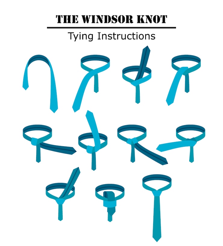 Vector las instrucciones del nudo del lazo de windsor aisladas en el fondo blanco. guía cómo atar una corbata. ilustración plana en