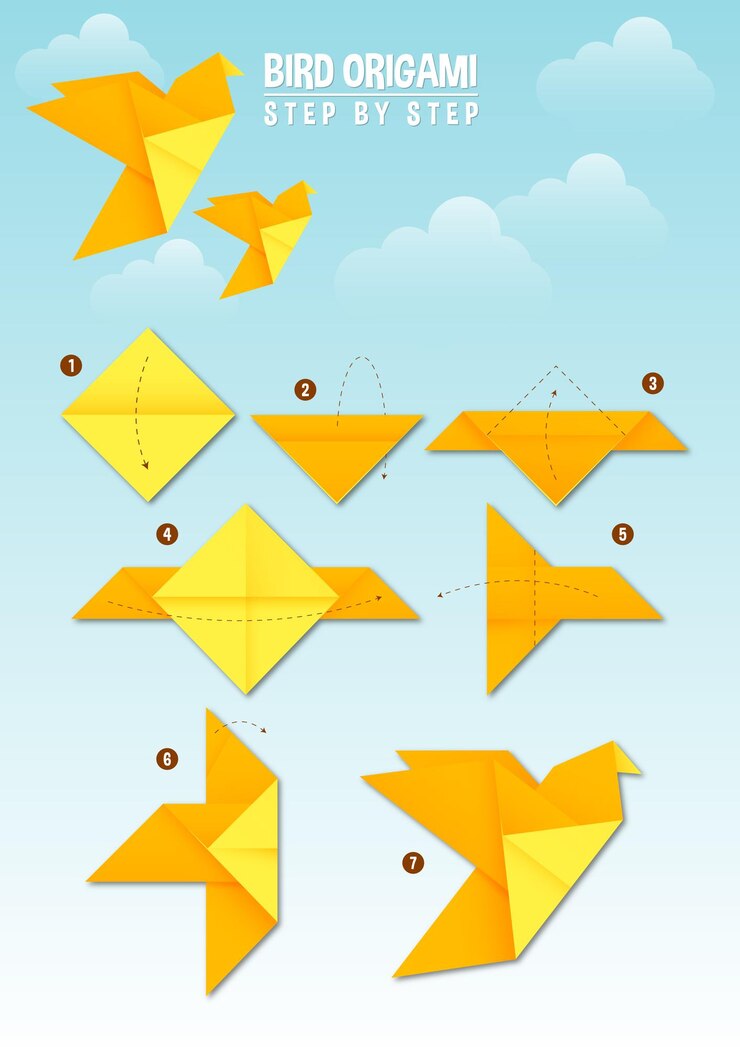 Vector instrucciones de origami de aves paso a paso