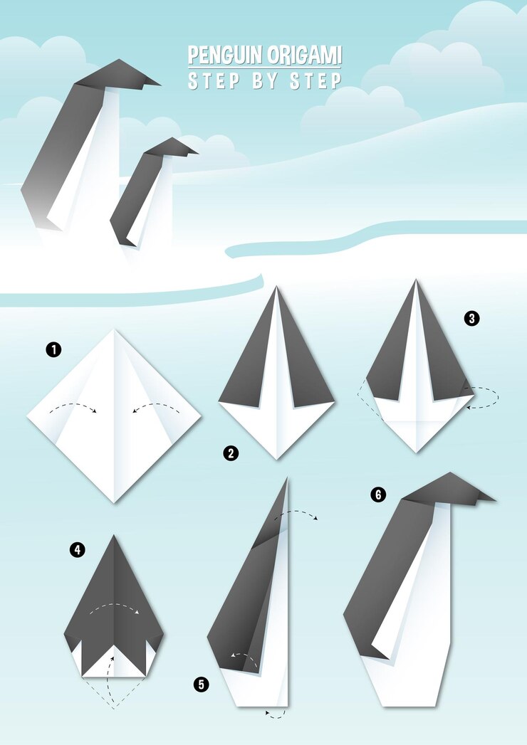 Vector instrucciones de origami de pingüino paso a paso