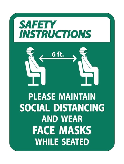 Instrucciones de seguridad Mantener la distancia social Usar máscaras de rostro Señal en fondo blanco