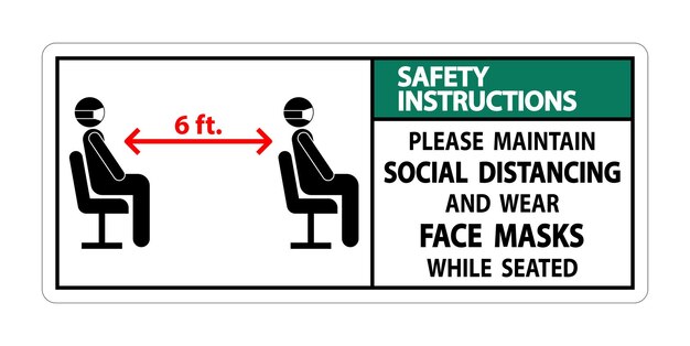 Instrucciones de seguridad Mantener la distancia social Usar máscaras de rostro Señal en fondo blanco