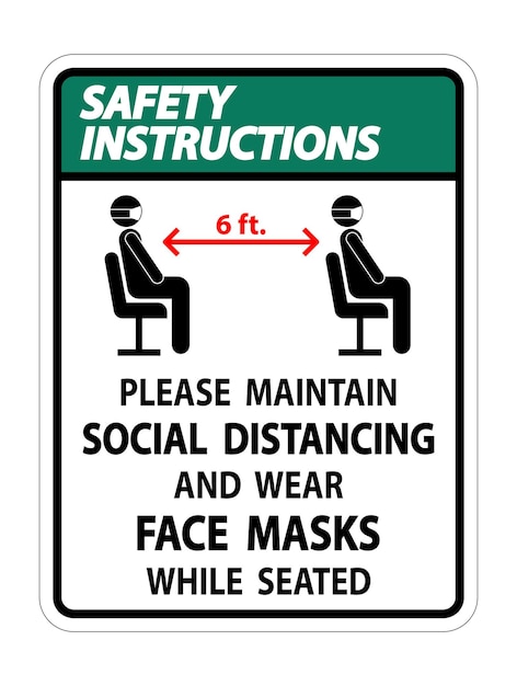 Instrucciones de seguridad Mantener la distancia social Usar máscaras de rostro Señal en fondo blanco