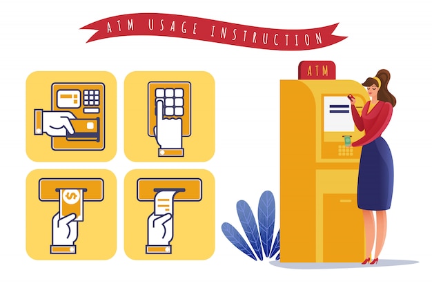 Vector instrucciones de uso de pagos en cajeros automáticos. ilustración horizontal sobre el tema retiro de cajero automático instrucciones paso a paso