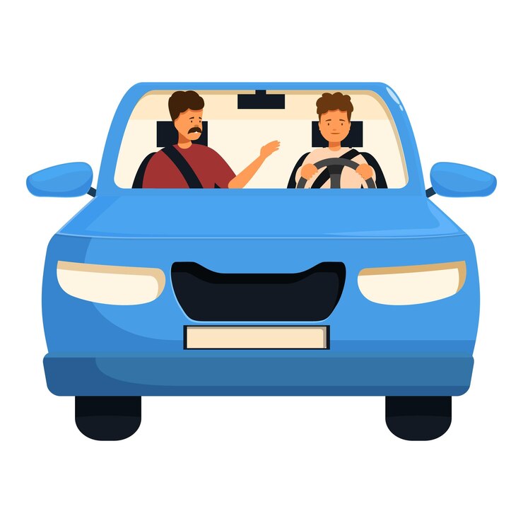 Vector instructor de conducción guiando a un estudiante durante la lección de conducción en un coche azul