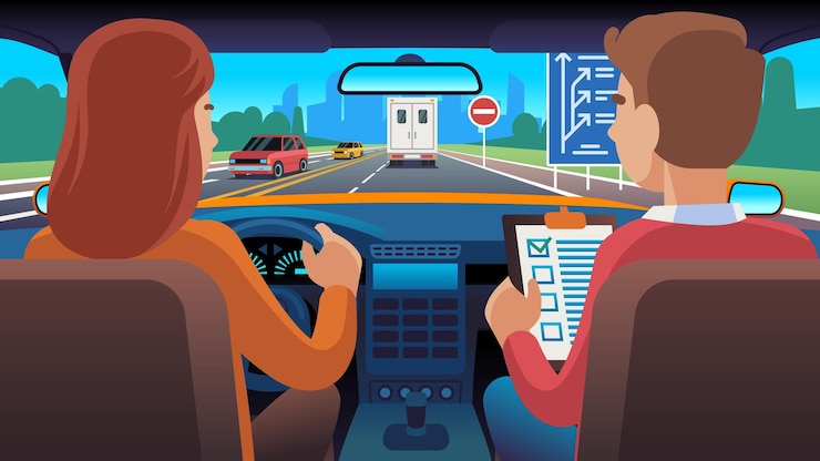 Vector el instructor de conducción se sienta en el coche al lado de la conductora novata hombre y mujer sentados en el automóvil vista trasera personaje estudiantil en la carretera de la ciudad dibujo animado estilo plano concepto de examen vectorial aislado