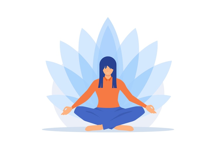 Vector instructora de escuela de yoga práctica de meditación técnicas de relajación ejercicios de estiramiento corporal lotus