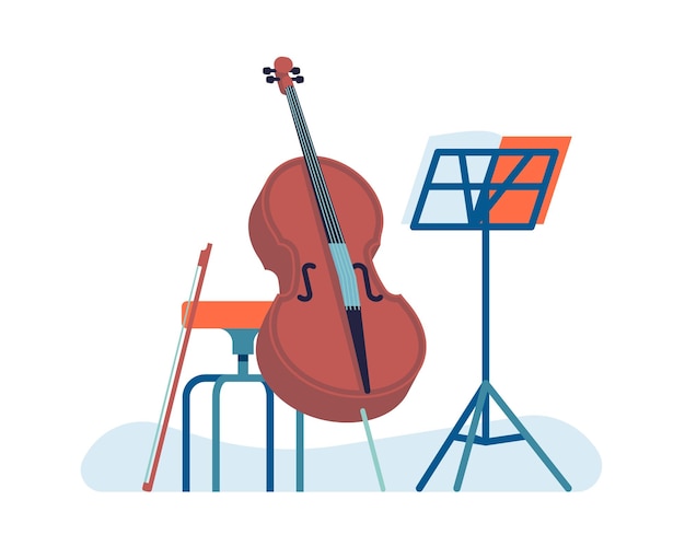 Instrumento acústico musical Aprender a tocar violonchelo Atril y silla Actuación de orquesta Banda de jazz Concierto de músico Violonchelo y arco Educación de violonchelista Concepto vectorial