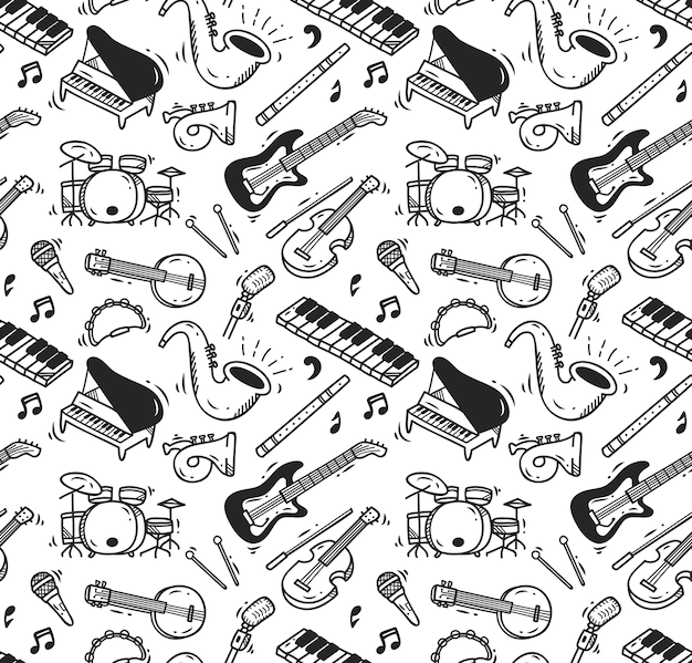 Instrumento de música doodle sin patrón