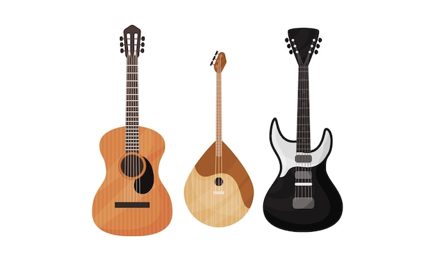 Instrumento musical de cuerdas con balalaika y conjunto vectorial de guitarra