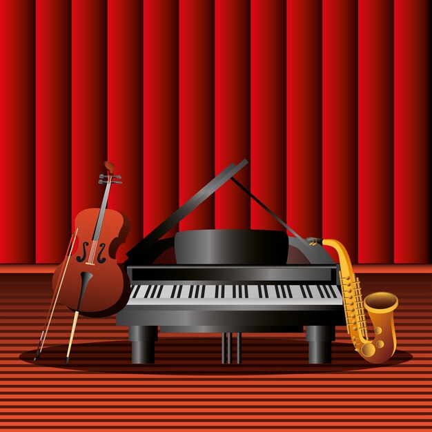 Instrumento musical, piano, saxofón y violonchelo en el escenario, ilustración detallada