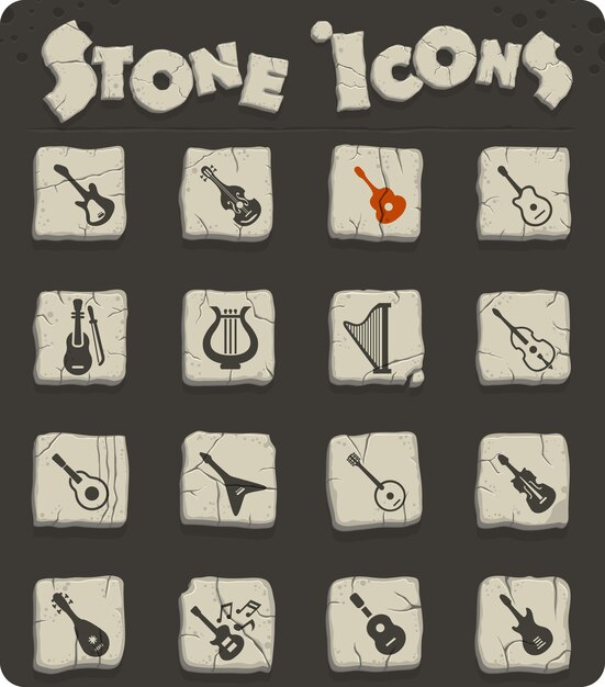 Instrumentos de cuerda en bloques de piedra en los iconos web de estilo de la edad de piedra para el diseño de la interfaz de usuario