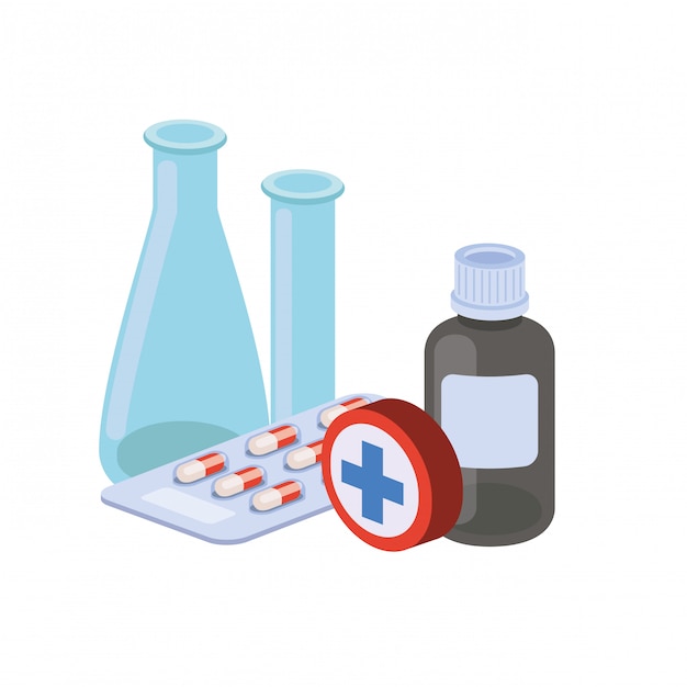 Instrumentos de laboratorio con medicamentos aislados.