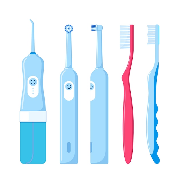 Vector instrumentos de limpieza dental conjunto de cepillos de dientes e irrigador equipos eléctricos de higiene dental