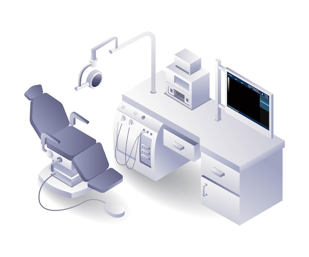 Vector instrumentos médicos mesa del dentista paciente plano ilustración isométrica