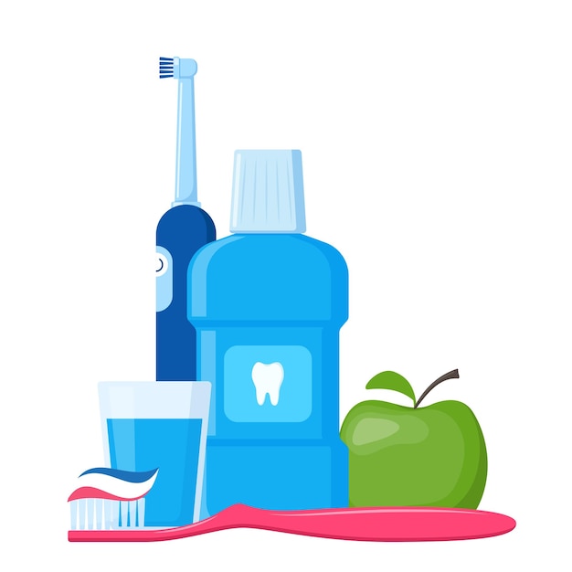 Vector instrumentos y medios para la higiene dental productos de cuidado oral e higiene ilustración vectorial