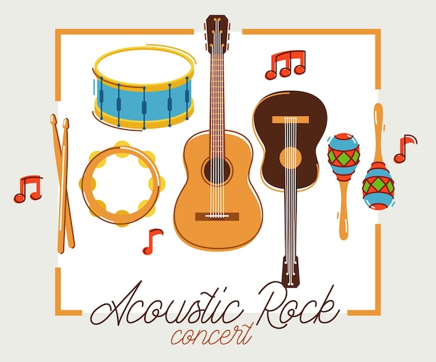 Instrumentos de música acústica cartel ilustración plana vectorial aislada en baladas de rock blancas anuncio publicitario de concierto o festival de volante o pancarta sonido en vivo fest rock bandas musicales