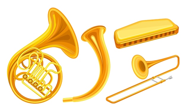 Instrumentos musicales de bronce con conjunto vectorial de trombón y cuerno