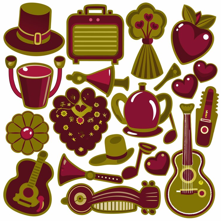 Vector instrumentos musicales coloridos y juguetones y pegatinas de corazones