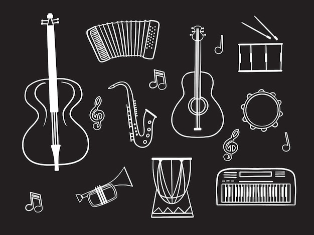 Instrumentos musicales coloridos objetos de estilo de diseño plano.