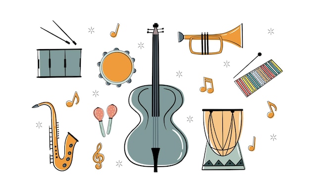 Instrumentos musicales coloridos objetos de estilo de diseño plano