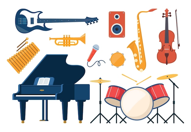 Vector instrumentos musicales conjunto de iconos guitarra sintetizador violín violonchelo tambor platillos saxofón acordeón