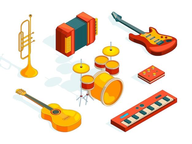 Vector instrumentos musicales. conjunto isométrico varias herramientas musicales de colores