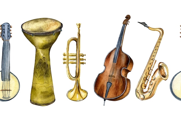 Instrumentos musicales dibujados en acuarela aislados sobre fondo blanco Borde sin costura para un proyecto musical Saxofón dibujado a mano trompeta contrabajo tambores y banjo Elemento de diseño para impresión