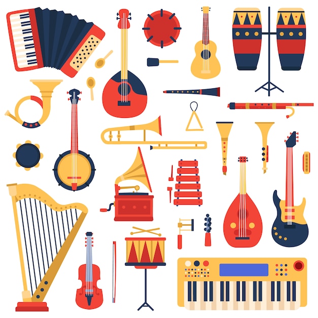 Instrumentos musicales. dibujos animados doodle música guitarra, batería, sintetizador de piano y arpa, conjunto de ilustración de instrumentos musicales de banda de jazz. gramófono y xilófono, tuba y trombón, banjo y flauta