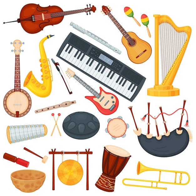 Instrumentos musicales de dibujos animados, elementos musicales de orquesta clásica. Saxofón, trombón, arpa, bongo drum, conjunto de vectores de instrumentos de jazz de guitarra acústica
