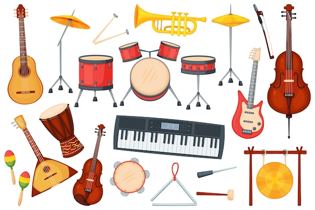 Instrumentos musicales de dibujos animados para orquesta o actuación de jazz. tambores, guitarra eléctrica, trompeta, piano, conjunto de vectores de instrumentos musicales clásicos. diferentes equipos para entretenimiento en vivo.