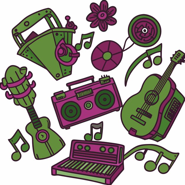 Instrumentos musicales y equipos de audio verdes con una flor y notas musicales