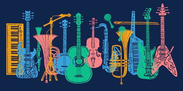 Instrumentos musicales, guitarra, violín, violín, clarinete, banjo, trombón, trompeta, saxofón