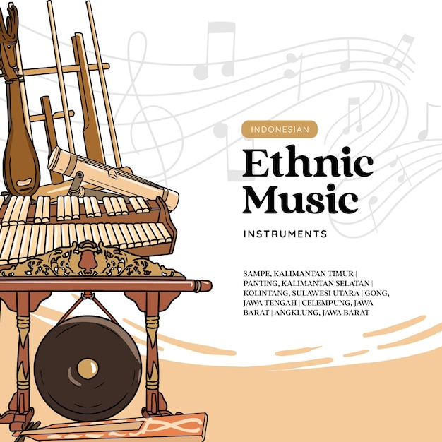 Vector instrumentos musicales indonesios ilustración vectorial dibujada a mano plantilla de publicación de redes sociales de música